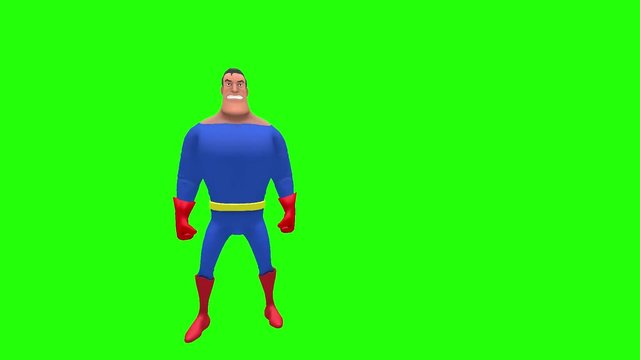 Vengeful upset angry hateful animated superhero strongman cartoon character in front of green screen performs sequence of conversational gestures multiple times