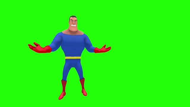 Vengeful upset angry hateful animated superhero strongman cartoon character in front of green screen performs sequence of conversational gestures multiple times