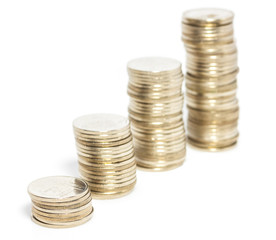 Stacks of Thai coins, rising trend isolated on white