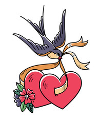 Tattoo heart with flowers and bird. Swallow carries over two hearts on ribbon. Illustration, sticker for Valentines Day.