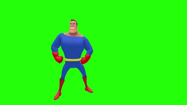 Angry mad animated superhero strongman cartoon character in front of green screen strikes pose with hands on hips looking left then right multiple times