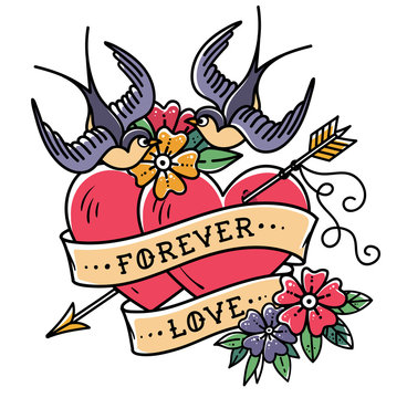 Tattoo art. Tattoo two hearts pierced by arrow. Hearts with flowers, ribbon and swallows. Forever love. Valentines Day.