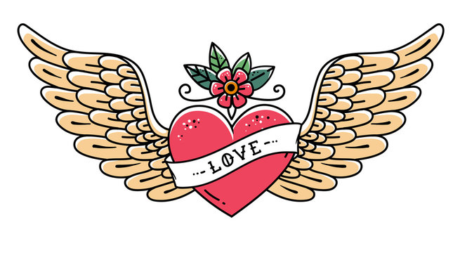 Tattoo heart with wings, flower and ribbon with lettering Love. Old school style. Flying heart. Line art drawing
