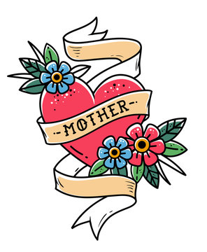 Isolated tattoo red heart with ribbon, flowers and lettering Mother. Ribbon wraps around red heart. Old school
