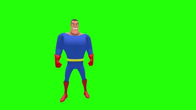 Annoyed hostile animated superhero strongman cartoon character gestures with both arms out in front to touch object multiple times in front of green screen background