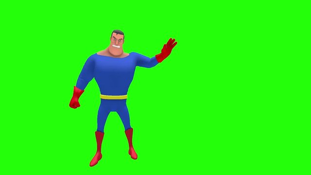 Annoyed hostile animated superhero strongman cartoon character rubs back of head with left hand multiple times in front of green screen background