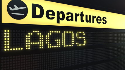 Fototapeta premium Flight to Lagos on international airport departures board. Travelling to Nigeria conceptual 3D rendering