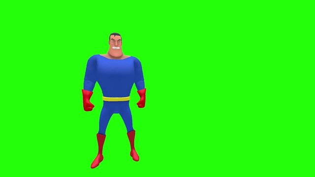 Angry animated superhero strongman cartoon character wipes forehead brow with right hand wrist multiple times in front of green screen background