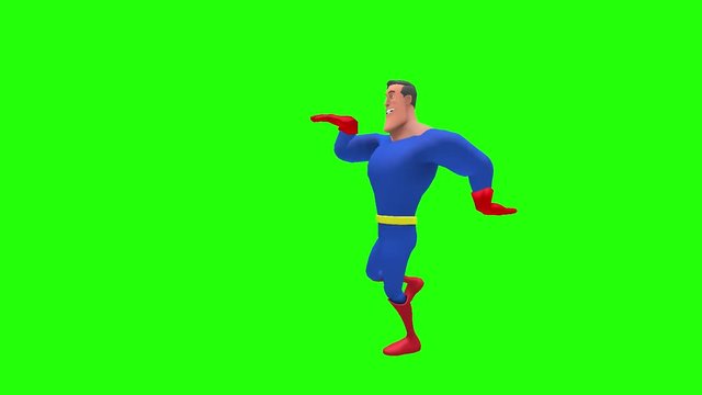 Happy cheerful animated superhero strongman cartoon character performs walk like an Egyptian moves multiple times in front of green screen background