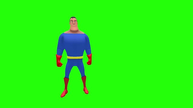 Happy cheerful animated superhero strongman cartoon character performs foot slide moves multiple times in front of green screen background