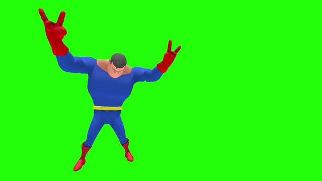 Happy cheerful animated superhero strongman cartoon character performs mosh pit dance moves multiple times in front of green screen background
