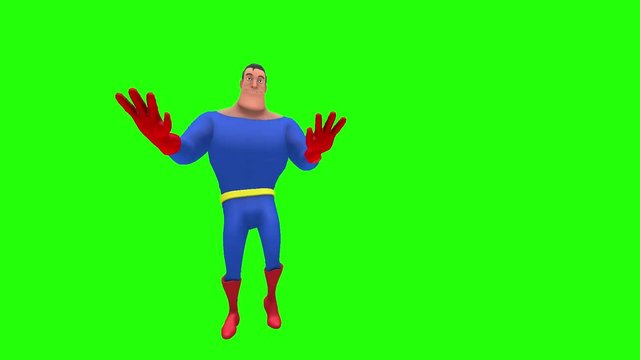 Happy cheerful animated superhero strongman cartoon character performs tap dance moves multiple times in front of green screen background