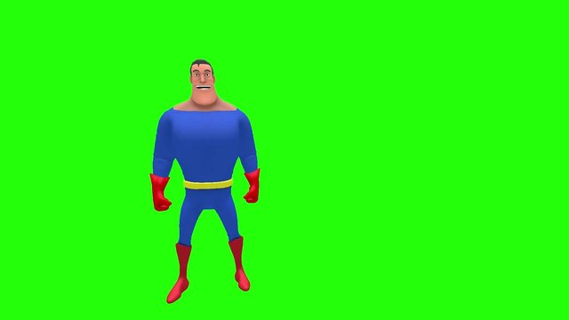 Happy cheerful animated superhero strongman cartoon character performs gangster moves, gestures and poses multiple times in front of green screen background