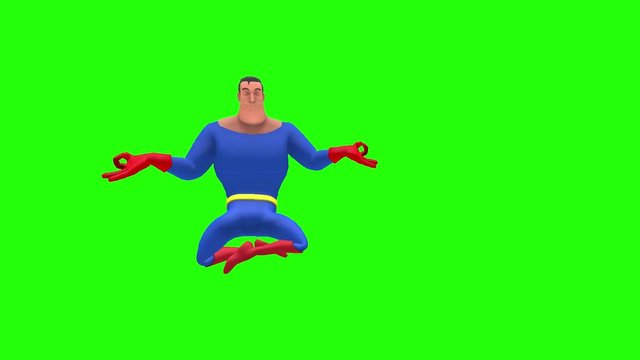 Funny comical animated superhero strongman cartoon character performs eastern religion levitation trick multiple times in front of green screen background
