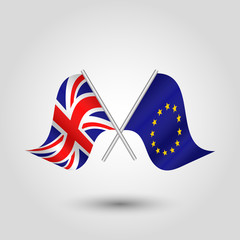 vector two crossed british and eu flags on silver sticks - symbol of united kingdom and european union