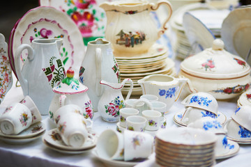 Cups and jugs on a flea market