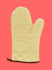 single beige color oven glove to heat protection isolated on pink