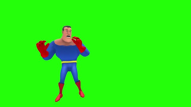 Scared timid animated superhero strongman cartoon character cowers multiple times in front of green screen background