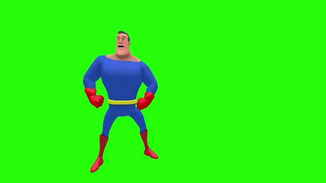 Cowering paranoid animated superhero strongman cartoon character in front of green screen strikes pose with hands on hips looking left then right multiple times