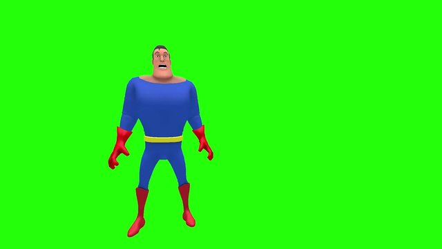 Frightened nervous animated superhero strongman cartoon character makes gesture to himself multiple times in front of green screen background