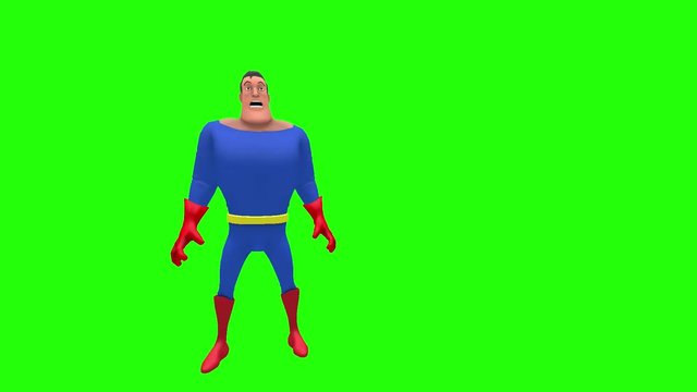 Frightened nervous animated superhero strongman cartoon character punches hand with fist multiple times in front of green screen background