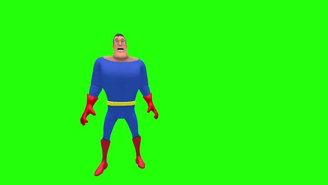 Frightened nervous animated superhero strongman cartoon character makes fist with right hand multiple times in front of green screen background