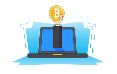 Hand from laptop holds a bitcoin coin. Concept of Mining crypto currency.Flat style
