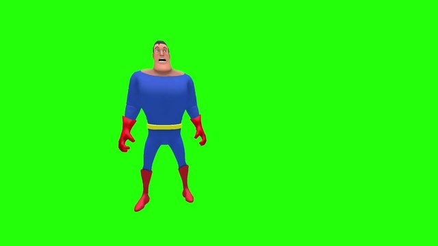 Intimidated terrified superhero strongman cartoon character gestures clawing motion with both hands out in front multiple times in front of green screen background