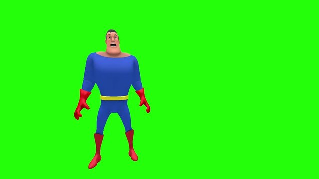 Horrified terrorized animated superhero strongman cartoon character wipes forehead brow with right hand wrist multiple times in front of green screen background