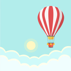 Hot air balloon in the sky with clouds. Flat cartoon design. Vector art illustration