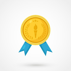 Gold Medal With pennant Olympics. Icon. Flat vector illustration