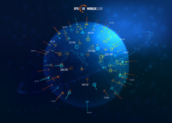 Vector 3D Sci-Fi World Map Globe with Detailed Contour Map