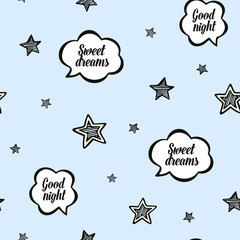 Baby pattern for sleep with the stars,  speech bubbles. Blue vector illustration for boys. Kids seamless pattern