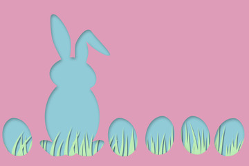 Pastel colored minimal easter design with easter bunny, easter eggs and grass