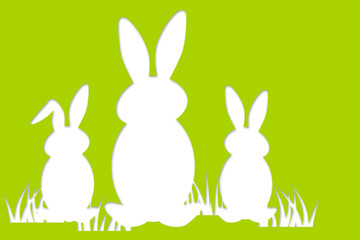 Pastel colored green and white minimal easter design with easter bunnies and grass
