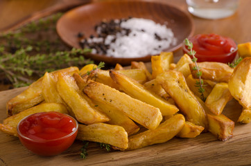 Homemade french fries with organic ketchup