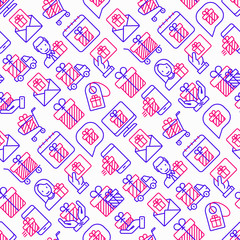 GIveaway or gifts seamless pattern with thin line icons: present in hand, trolley, cart, truck, envelope. Modern vector illustration.