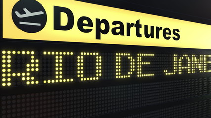 Fototapeta premium Flight to Rio de Janeiro on international airport departures board. Travelling to Brazil conceptual 3D rendering