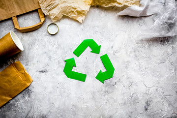 Recycling concept. Paper waste. Grey background top view copy space