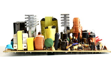 Board with soldered electrical components. Isolated. White background