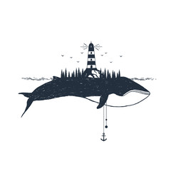 Fototapeta premium Ręcznie rysowane odznaka żeglarska z teksturą ilustracji wektorowych latarni morskiej i wieloryba.