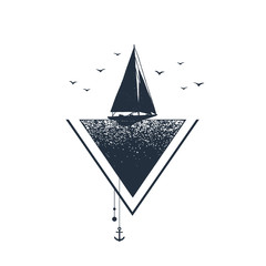 Hand drawn nautical badge with yacht textured vector illustration. Geometric style.