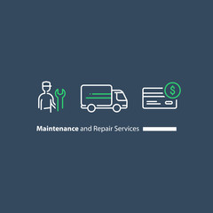 Technician with spanner, customer support, repairmen maintenance, truck delivery, credit card purchase icon set