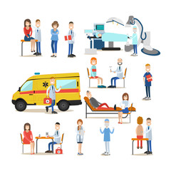 Group of medical doctors, paramedics and patients vector flat illustration