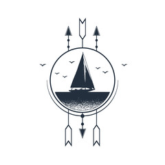 Hand drawn nautical badge with yacht textured vector illustration. Geometric style.