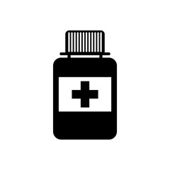 Vector illustration icon of medical subject. Black on a white background. A bottle of pills.