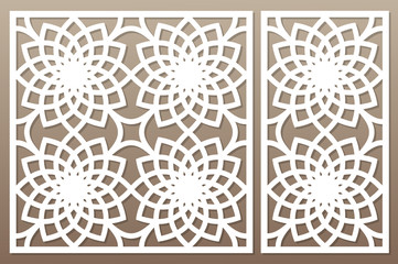 Template for cutting. Geometric flower pattern. Laser cut. Set ratio 1:2, 1:1. Vector illustration.