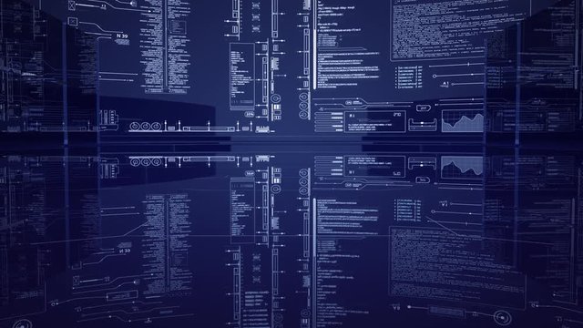 Sci Fi futuristic Intro.Broadcast style Glass and HUD interface technological Background.Camera Zoom in through Glass data center Servers and reaches main HUD screen.News report opener.Blue.Type 1