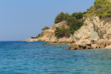 Fototapeta premium Beautiful view of the Adriatic Sea in Croatia in southern Dalmatia with mountains in the background