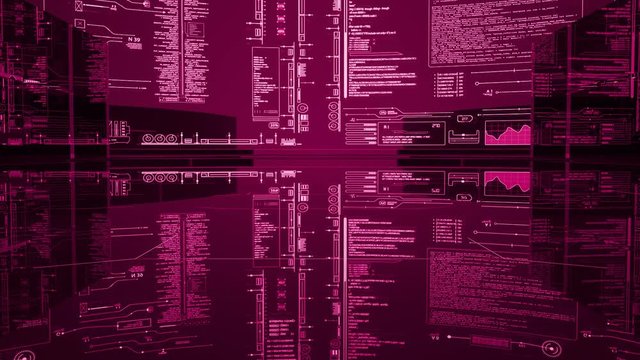 HUD futuristic Intro.Broadcast style Glass and Data interface technological Background.Camera Zoom in through Glass data center Servers and reaches main HUD screen.News report opener.Pink.Type 3